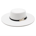 Elegant white flat top wool felt boater hat with black band and gold buckle detail - M (56-58cm) / White (Black Belt)