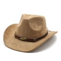 Detailopname van suède cowboyhoed met lederen band en gouden vederen versiering - M (56-59cm) / Camel Suède