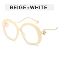 Retro beige round frame sunglasses with wavy gold metal arms and pearl accents - Beige + White