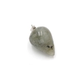 Polished grey-green water drop gemstone pendant with silver clasp on white background - Labradorite