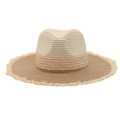 Cappello estivo bicolore in paglia stile Fedora con tesa larga e bordo sfrangiato - Top Beige + Tesa Cachi