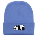 Detailansicht der hellblauen Strickmütze mit süßer Panda-Stickerei am Umschlag - 54-60cm / Blaugrün