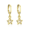 Detailed view of 18K gold plated star earrings featuring clear round zircon inlays - Star Dangle Earrings / Gold