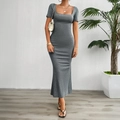 Elegant slim fit short sleeve maxi dress in grey with square neck for casual women style - S / Gray