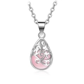 Silver vintage drop necklace with hollow pattern and pink crystal pendant set - Pink Cat's Eye
