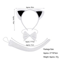 Three-piece white plush cat ear headband set including bow tie and tail with dimensions - White Cat Ear With Black Inner 3-Piece Set