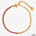 Tweekleurige paperclip kettingarmband met roze vierkante kristallen in goudkleur - Rozerode Zirkonia Gouden Enkelband (A409)