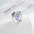 Silver apple stud earring with bow design and purple heart zirconia stone inlay - Single Piece / Blue Purple (A642-3)