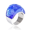Polished stainless steel ring with a large faceted blue crystal in a wide band design - Size 7 / Blue (Silver Plated)