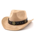 Chapeau de cowboy classique en daim beige avec clous en laiton et ruban en cuir - M (56-58cm) / Chameau