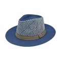 Heren fedora hoed van blauw-wit vlechtwerk met een driekleurige decoratieve band - M (56-58cm) / Blauw