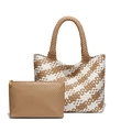 Vintage woven tote bag and pouch set in beige and white bicolor leather design - Apricot and White
