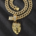 Men's hip hop gold Cuban link chain with a sparkling iced-out lion head crown pendant - Pendant with 13mm Cuban Chain / 50cm / Gold