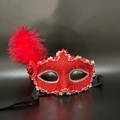 Elegant red lace masquerade mask with feathers and silver beads for carnival parties - Red