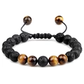 Verstellbares 8mm Lavastein und Tigerauge Perlenarmband mit schwarzer Kordel - Lavastein und Gelbes Tigerauge Armband
