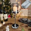 Silver metal candle holder with glass cover and white pillar candle for Christmas decor - Large (With 5*5cm Candle) / Dreamy Silver