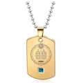 Gold Gemini zodiac dog tag pendant with blue gemstone and silver bead chain necklace - Gold Gemini Male