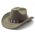 Detail of olive green fedora with brown leather band and turquoise metal studs - M (56-59cm) / Army Green Suede