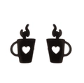 Minimalist black stainless steel coffee cup stud earrings with hollow heart and steam - Black