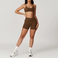 Women's eco-friendly dark brown sports bra and V-waist yoga shorts set with matte finish - S / Top And Bottom / Bra + Shorts / Light Coffee