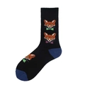 Black crew socks with blue contrast toe and cartoon fox jacquard pattern - Black Blue Trim Fox