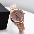 Women's quartz watch with pink leather strap and rose gold rhinestone-encrusted case - Pink