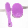 Purple silicone face cleansing brush set with long handle and oval pad for skin exfoliation - Purple