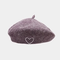 Detail of wool beret showing soft purple texture and white heart embroidery - One Size / Flower Purple