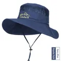 Navy blue breathable outdoor sun hat with wide brim, mesh panels and windproof drawstring - Mountain Embroidery / Navy Blue