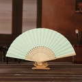 6 inch light green DIY folding fan with bamboo frame and hollowed design on wooden stand - Light Green