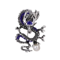 Vintage silver dragon brooch with blue rhinestones and a white pearl accent - Silver/Blue Stone/Pearl