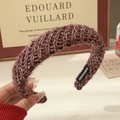 Handmade crochet burgundy headband with textured knit pattern and handmade label tag - Brown Tweed