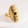 Vintage roestvrijstalen open ring met zonnestraal schild en ovale tijgeroog steen - Sunburst Tijgeroogsteen Open Ring / koffiekleur