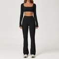 Two-piece black yoga set with square neck crop top and high-waisted flared leggings - S / Long Sleeve + Flare Pants / Black
