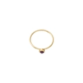 Detailed close-up of a slim gold band ring featuring a round red gemstone setting - US Size 7 / Gold-Pink (Feb)