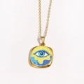Close-up of vintage blue evil eye square pendant with golden chain on white background - Gold Base Round Evil Eye (Style 7)