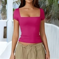 Slim fit rose red square neck t-shirt for women in a tropical outdoor summer setting - XS / Rose Red