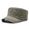 Olive green military flat top cap in washed canvas with silver sport metal badge - Adjustable / Army Green