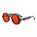 Steampunk-Rundbrille mit roten Gläsern und schwarzem Rahmen mit Federbügel-Details - Schwarzer Rahmen rote Gläser