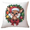 Close-up of festive cartoon reindeer and Christmas wreath print on sofa cushion cover - Wreath Reindeer