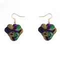 Mardi Gras mask earrings with purple green and gold sequins on a white background - Mardi Gras Jester Earrings Style B (1 Pair)