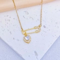Gold-plated safety pin heart necklace with sparkling zircon pendant for women - Heart Safety Pin Pendant / Gold White