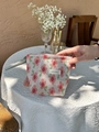 Pink floral knitted makeup bag with metal zipper and white brand label on fabric - Small / Small Pink Floral