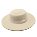 Detailed view of the flat crown and ribbon bow on a cream wool boater hat - M (56-58cm) / Beige