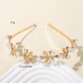 Detail of bohemian gold leaf headband with pearls showing 2.3cm height and 21g weight - Metal Headband-Pearl Leaf