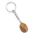 Natural green stone grenade-shaped keychain charm with silver metal ring and chain - Unakite