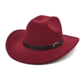 Detailed macro view of burgundy wool felt cowboy hat with black belt and metal buckle - M (56-58cm) / Burgundy