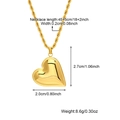 Detail view of 18k gold plated heart pendant necklace with dimensions and chain length - Gold