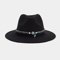 Detail of black fedora hat with turquoise stone, turquoise beads and silver leaf charm - Style 1-Double Layer Blue White Brown Beads Turquoise Leaf Pendant