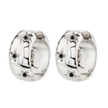 Detail of silver hoop earrings featuring star engravings and black zircon stones - Silver-Black Zirconia